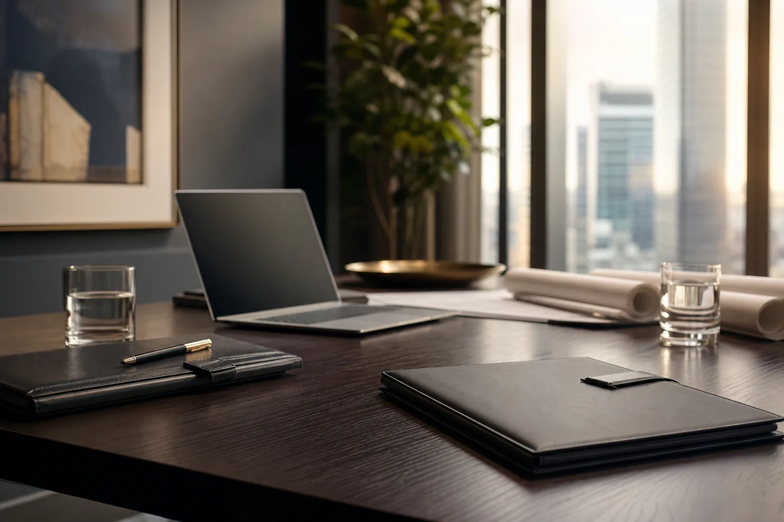 Polished transaction closing table in a city office