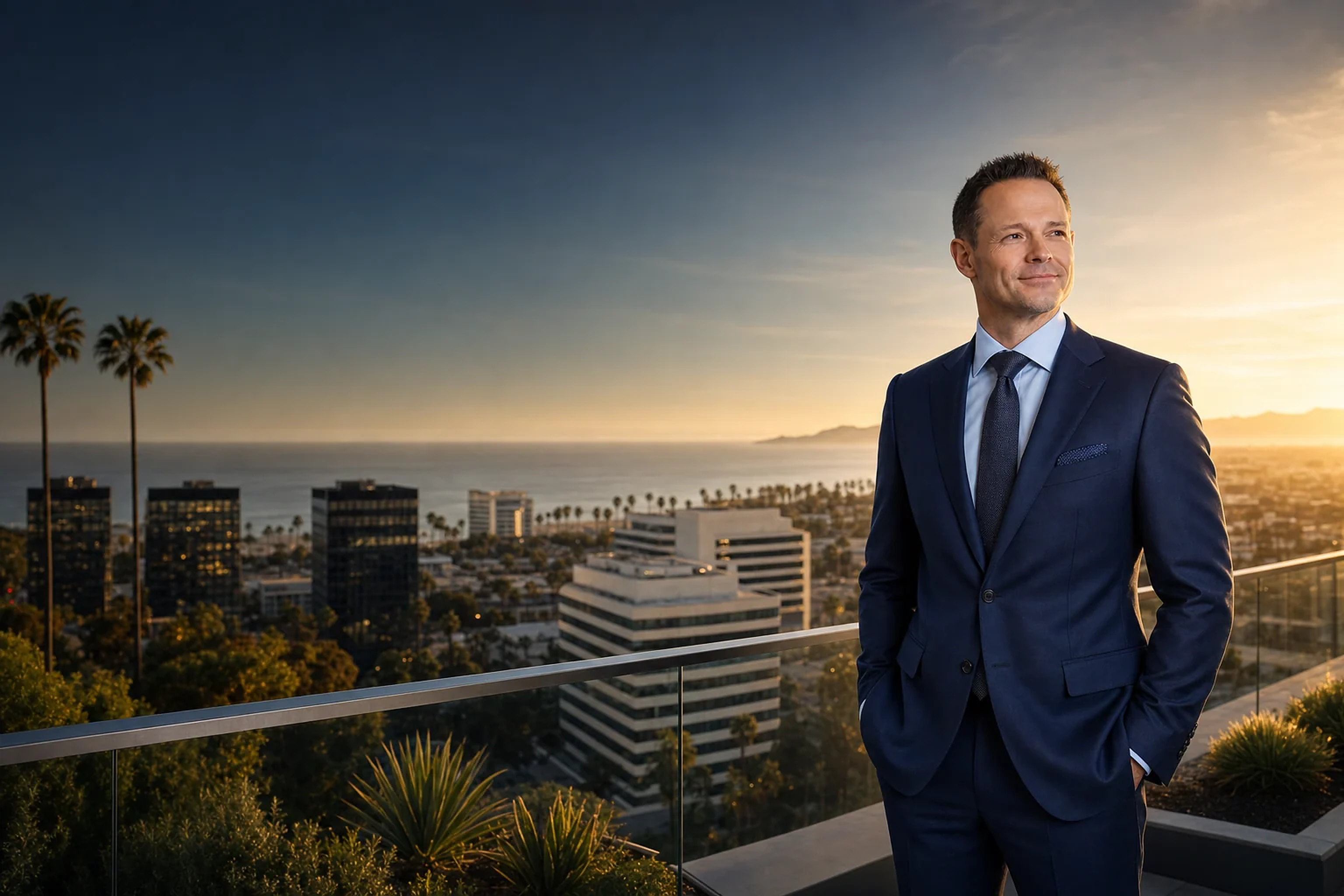 Christopher M. Lekawa in a business suit overlooking a Southern California commercial skyline with palm trees and coastline in the distance