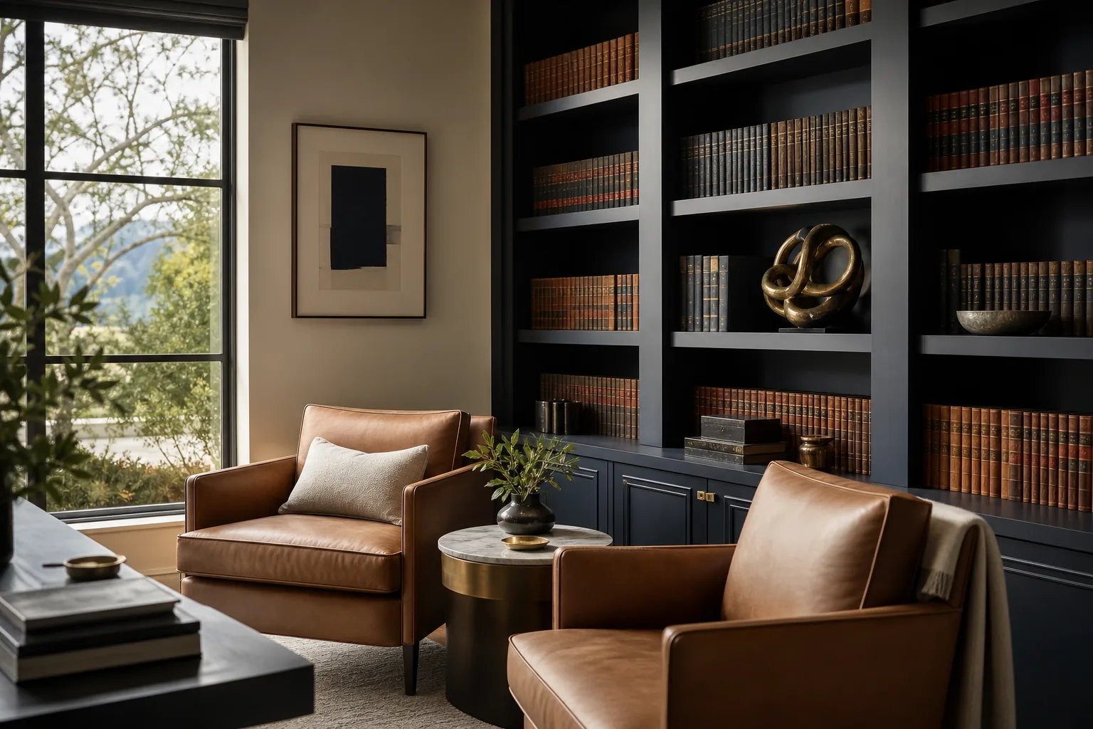 Refined modern law office library with warm daylight