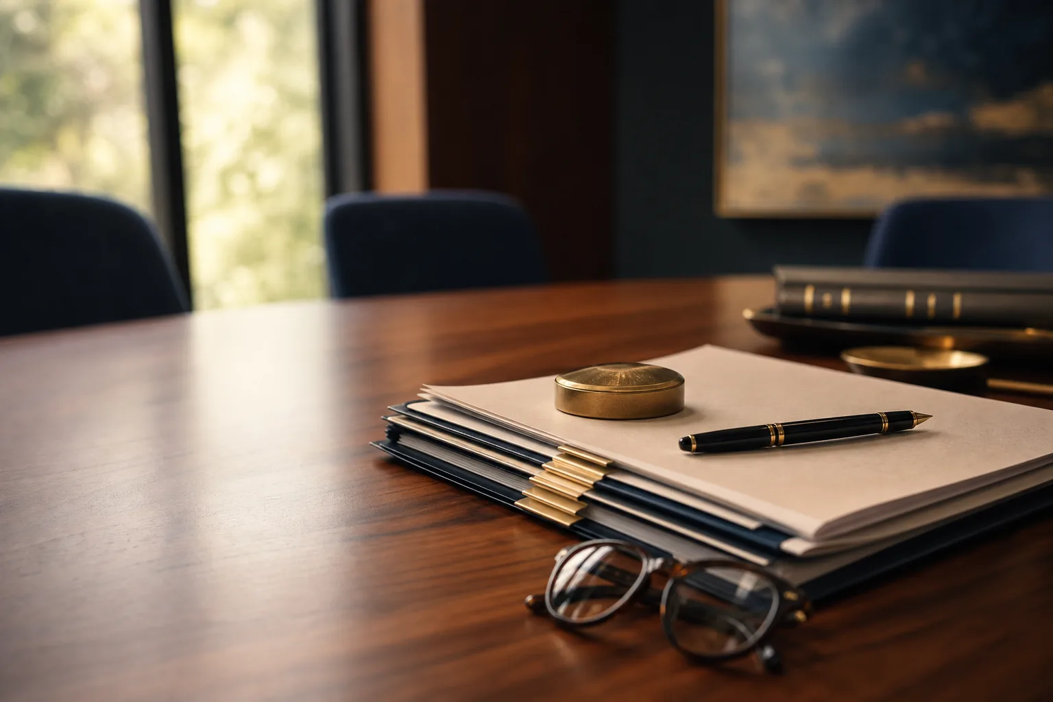 Transaction documents arranged on a refined conference table